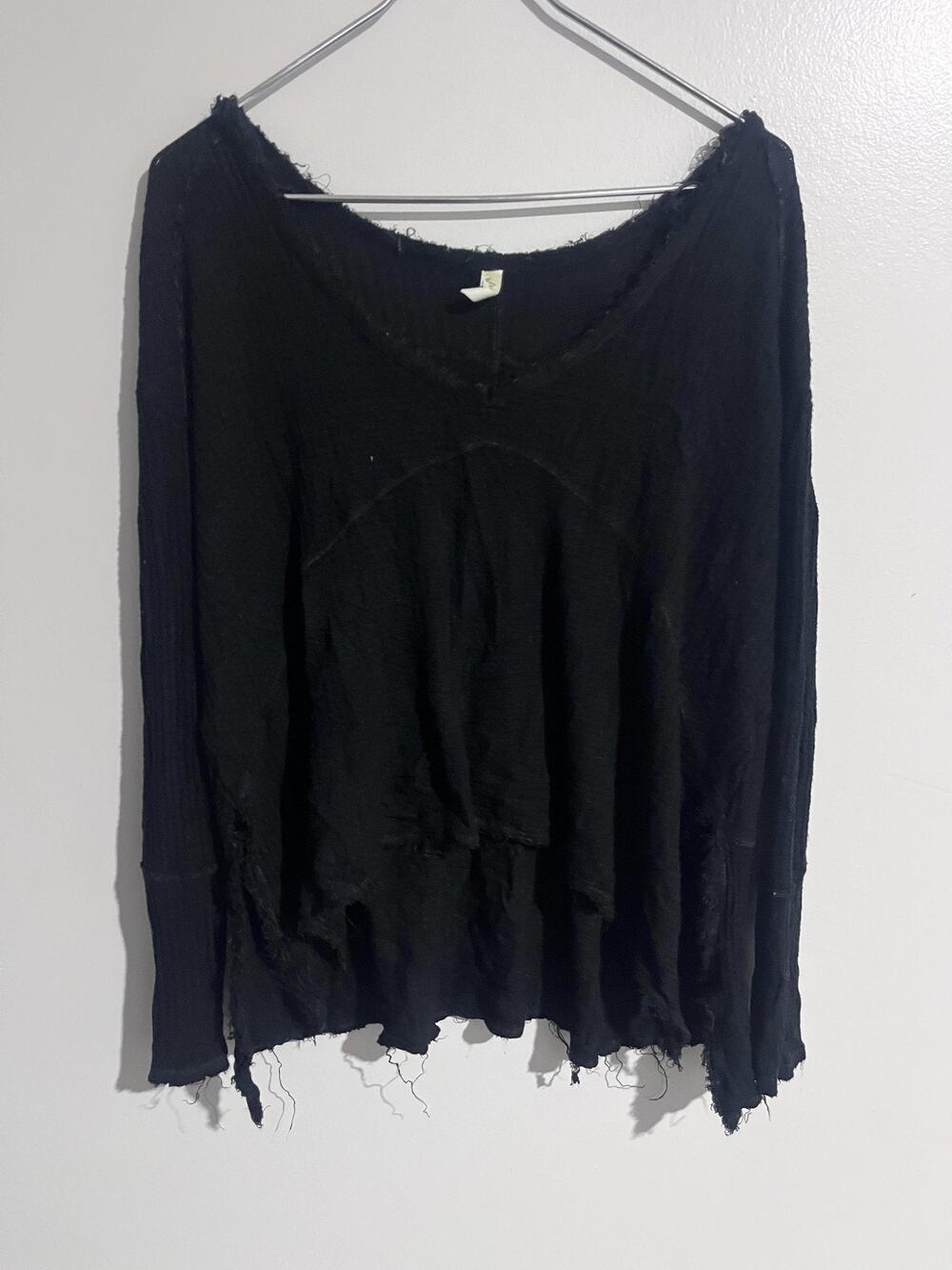 Free People Sweater Womens XS Black Waffle-Knit Scoop Neck Lightweight Fringe